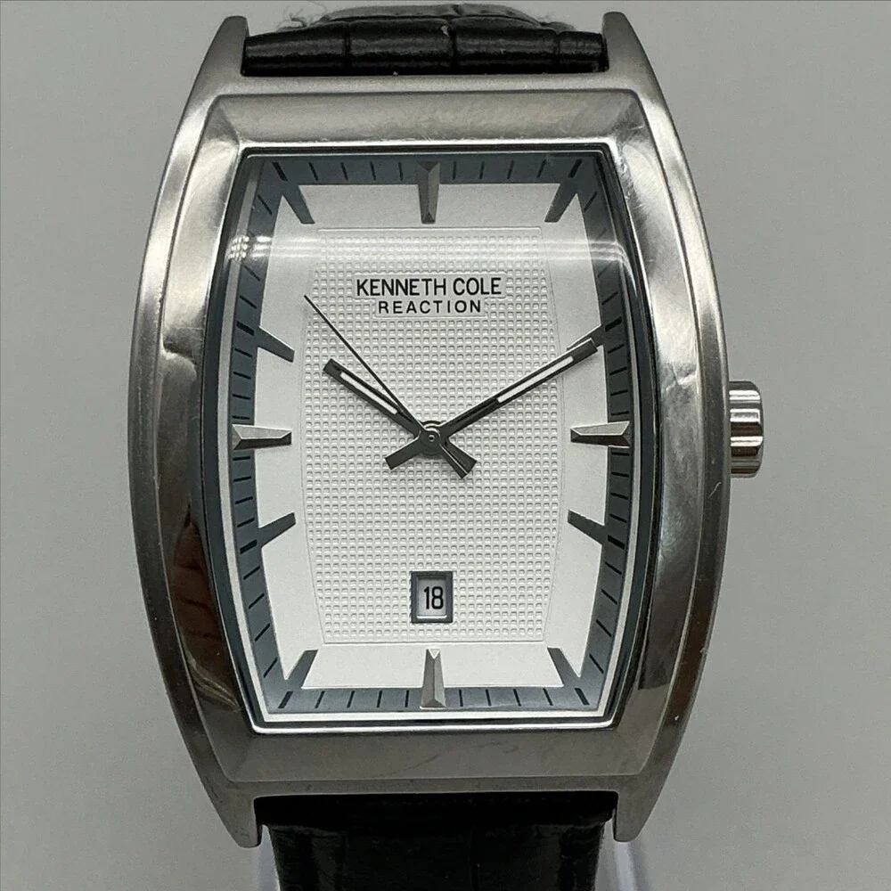 Kenneth Cole Reaction Men Watch 35mm Silver Tone Leather Date KC1667 New Battery